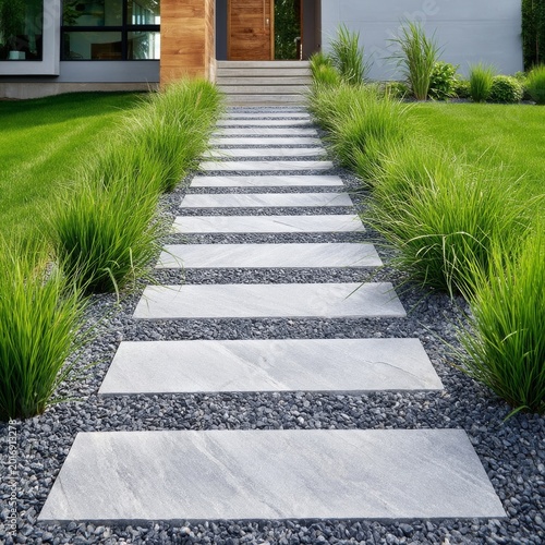 Modern House Entrance With Stone Path and Tall Grass in the Foreground