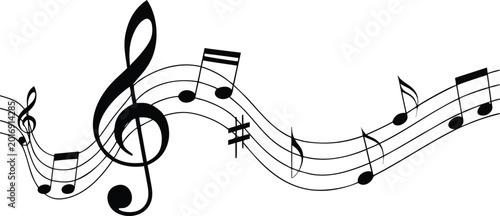 Obraz na płótnie Musical notes on wavy staff lines vector illustration featuring treble clef and various melody symbols for audio design