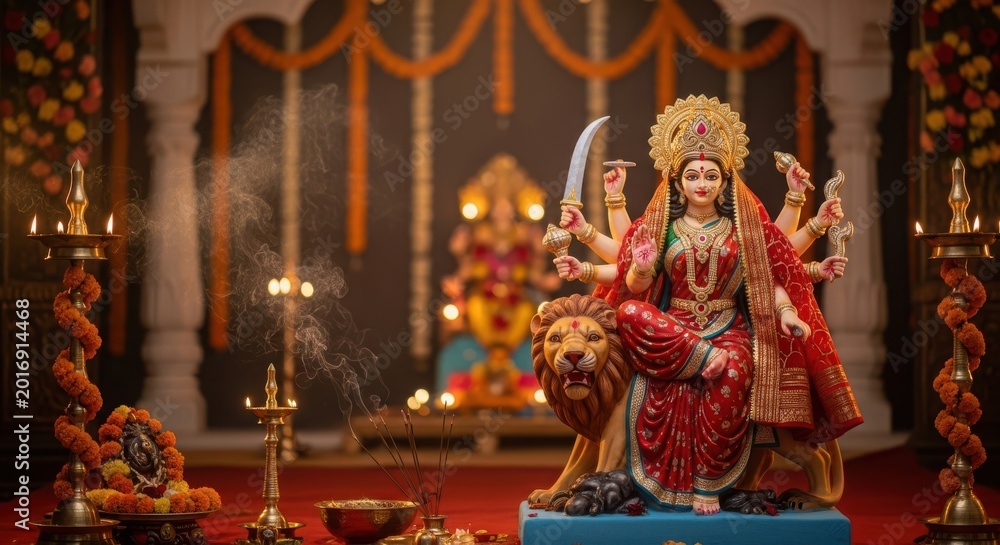 Fototapeta premium Hindu goddess statue with multiple arms performing ritual in ornate temple setting