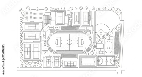 Fotografie Architectural drawing of a sports complex with tennis courts and swimming pool