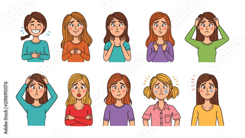 Tableau sur toile Diverse Emotional Spectrum: A collection of illustrations showcasing various expressions on women faces