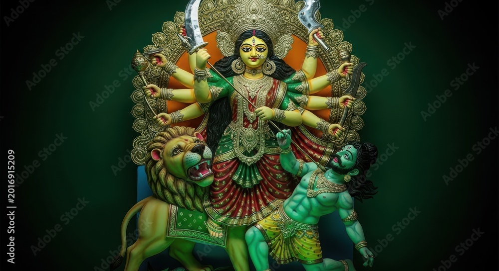 Fototapeta premium Hindu goddess Durga statue with multiple arms and lion mount in dramatic lighting