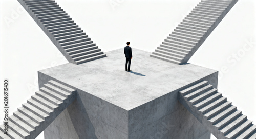 Man standing at a crossroads of decisions, choosing one of four staircases leading in different directions on a concrete platform