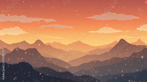 Illustration of a serene mountain range at sunset with a warm orange sky and snowflakes
