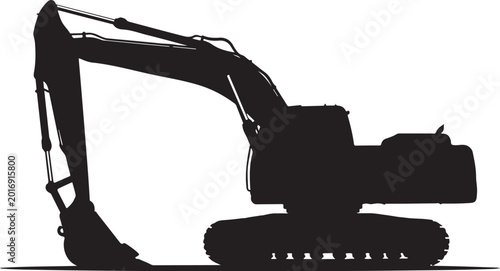 Black excavator silhouette, heavy machinery icon, construction equipment, digger outline