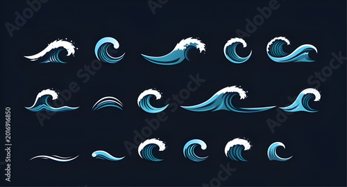 Tableau sur toile wave, ocean, sea, water, blue, white, icon, set, vector, illustration, marine, s