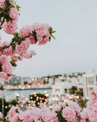 Pink Cherry Blossoms Frame a Blurred Cityscape with Bokeh Lights