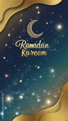 Ramadan Kareem greeting card with gold crescent moon and stars on a dark blue background