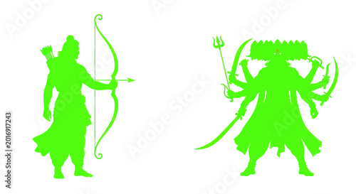 Bilde på lerret Lord Rama silhouette fighting Ravana silhouette, Hindu mythology illustration