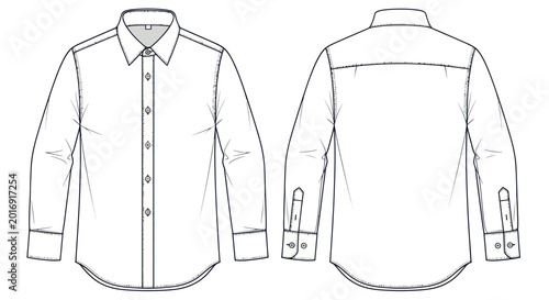 Men's Long Sleeve Button-Up Shirt Flat Sketch - Front and Back View