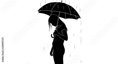 Fotografia Sad Silhouette Woman Under Umbrella in Rain