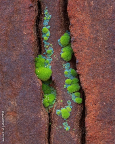 Vibrant Green Moss and Lichen on Rusty Rock Surface