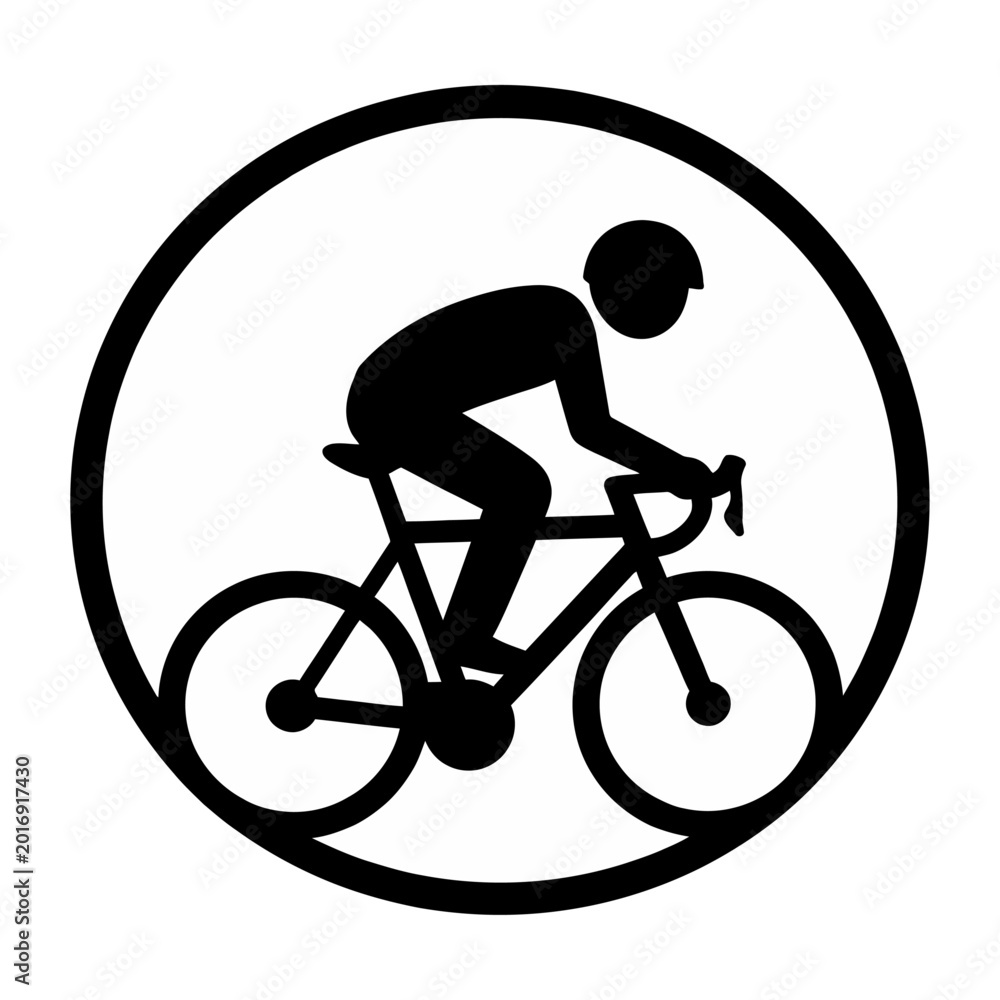 Obraz premium Cyclist riding bicycle in circular safety sign vector flat design
