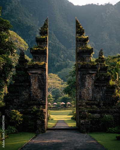 Ancient Stone Gate Entrance to Lush Tropical Landscape