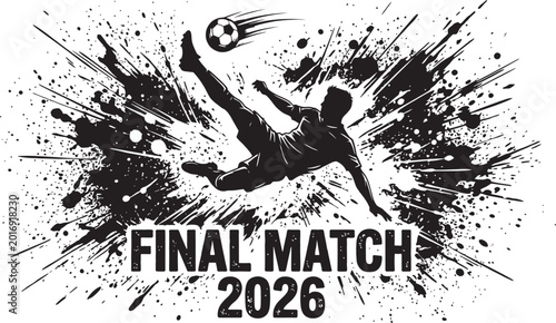 Fotografía Soccer player kicking ball in black splatter And FIFA World Cup 2026, FIFA World