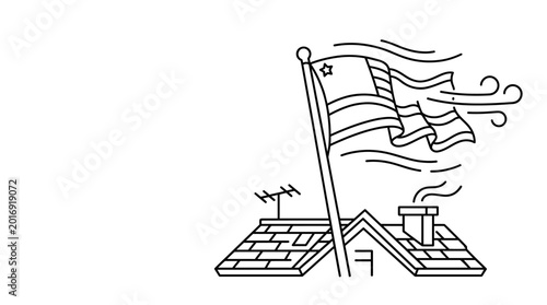 Fotografie Flag waving atop a house with chimney and antenna