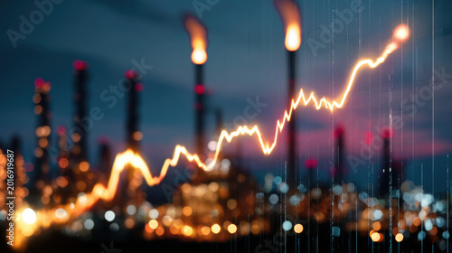 glowing increasing oil price graph chart of global energy market over blurred petrochemical refinery towers, energy shortage crisis concept.