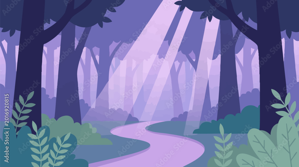 Fototapeta premium Dreamy forest path with mystical sunbeams and purple trees illustration