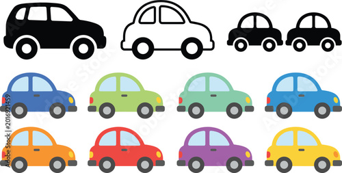 Foto Cute Cartoon Car Icon Set with Black Silhouette Outline and Colorful Flat Vehicl