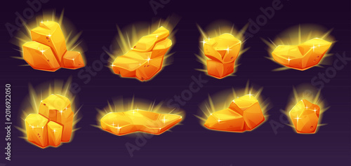 Bild auf Leinwand Glowing gold nugget and raw ore vector icons for fantasy game UI
