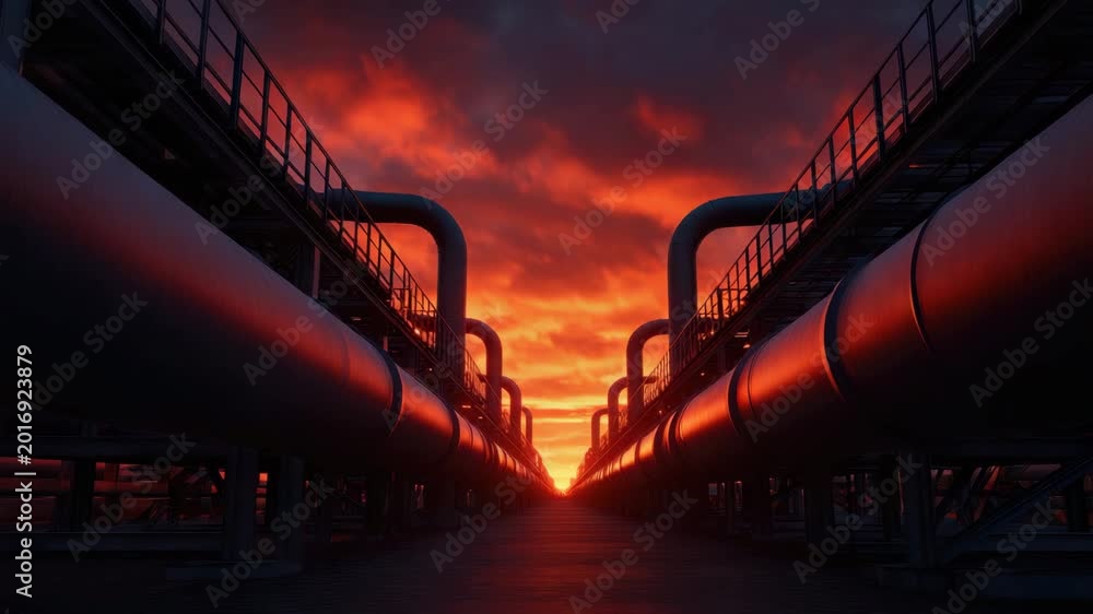 Industrial pipeline corridor at sunset with dramatic orange sky, steel ...