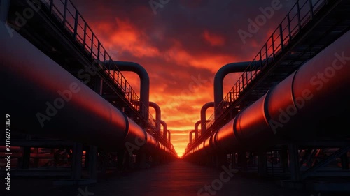 Industrial pipeline corridor at sunset with dramatic orange sky, steel structure, symmetry, perspective, factory refinery infrastructure, industrial pipe tunnel energy scene