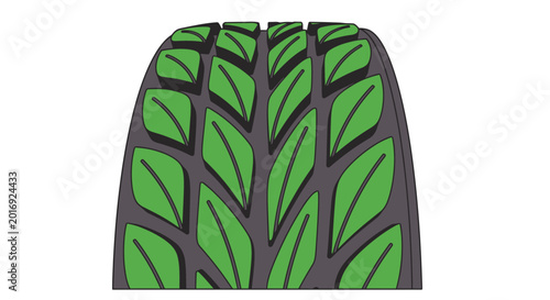 Eco-friendly tire tread design featuring green leaf-like patterns on a dark grey background, symbolizing sustainability and nature.