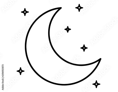 Hand Drawn Crescent Moon and Stars Vector Illustration, Minimalist Black and White Night Sky Doodle, Cute Celestial Sketch for Greeting Cards, Posters, and Nursery Decor.