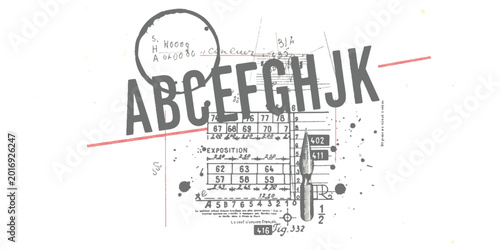 Tableau sur toile Vintage technical drawing with letters and fountain pen nib illustration