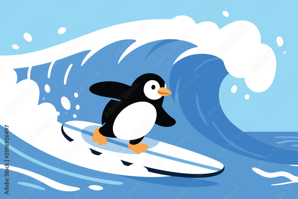 Naklejka premium Cute Penguin Vector Surfing In The Sea With Big Waves Illustration Creative Design Template 