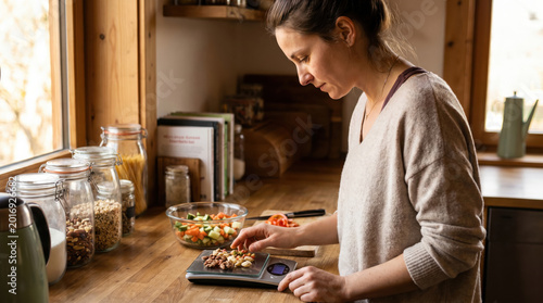 Woman measures ingredients in kitchen while preparing healthy meal, emphasizing diabetes self care routine