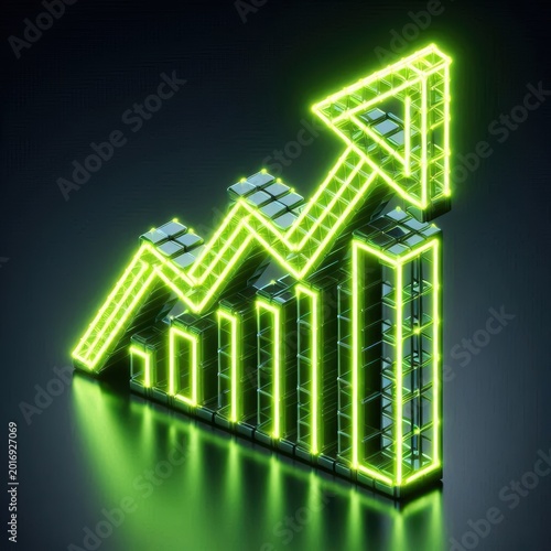 Futuristic neon green glowing bar chart with upward arrow icon representing growth and success in digital technology and data analysis