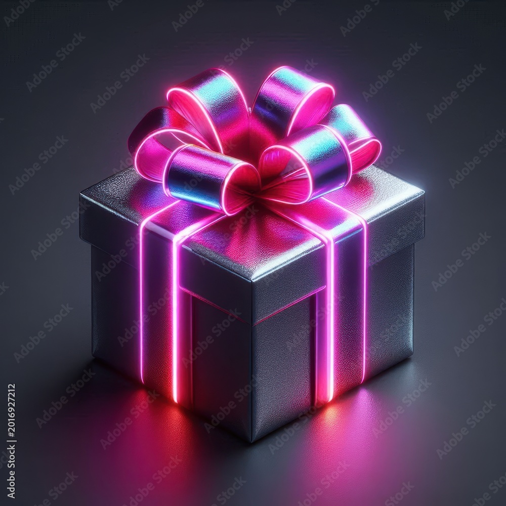 Obraz premium Futuristic neon light glowing gift box with large ribbon isolated on transparent background for celebration and special occasions