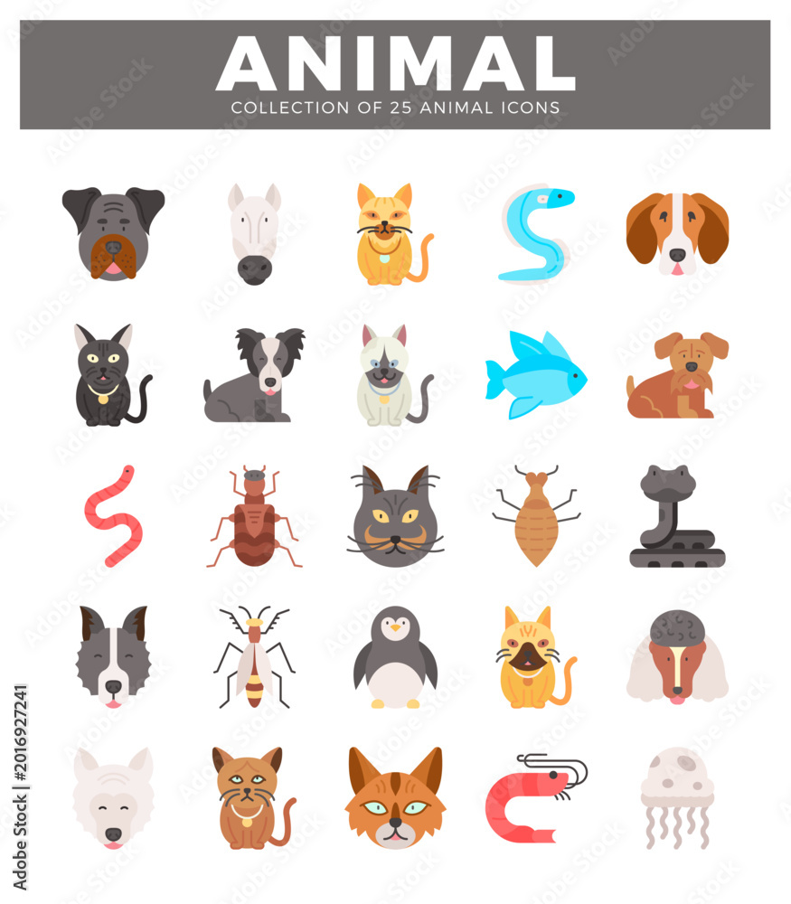 Fototapeta premium flat cartoon animal icons on white background.