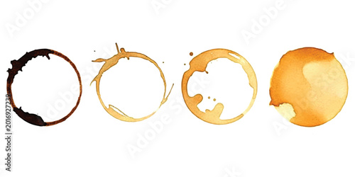 Fényképezés Set of four coffee cup stains and tea ring marks on a flat surface