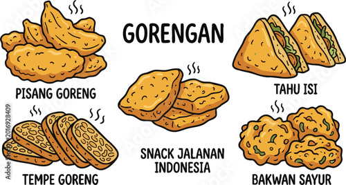 Tableau sur toile indonesian street food gorengan fried snacks collection featuring pisang goreng