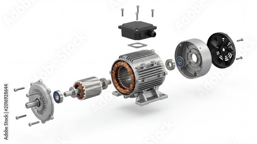 Exploded view of electric motor components on white background for design