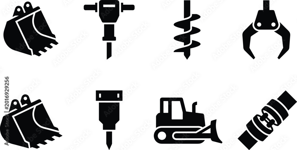 Εκτύπωση καμβά Heavy Construction Machinery Icon Set with Excavator Drill Grapple Bulldozer and