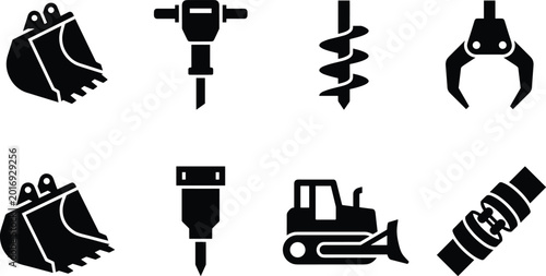 Heavy Construction Machinery Icon Set with Excavator Drill Grapple Bulldozer and Industrial Equipment Vector Silhouette Symbols