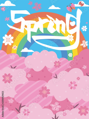 Spring Season Illustration with Rainbow and Cherry Blossoms