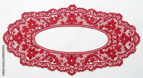 Elegant Red Lace Oval Frame with Intricate Floral Embroidery Isolated