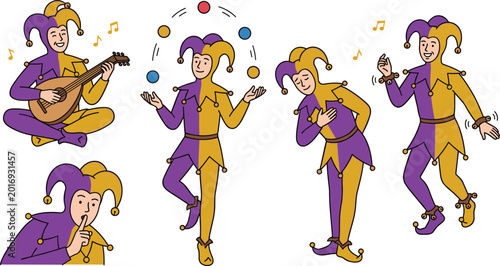 Konstfotografi Jester Performing with Music, Dance, and Juggling, Colorful Entertainment Illust
