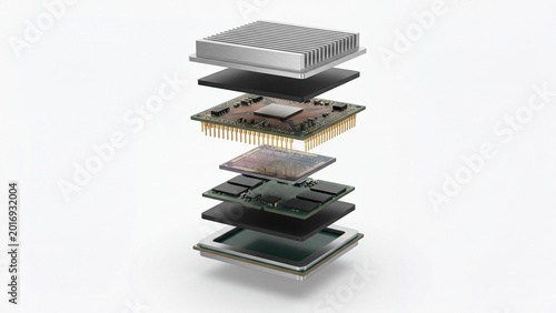 Exploded view of a computer processor showing layered components in isolation