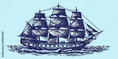 Billede på lærred historic sailing ship illustration with detailed rigging on water