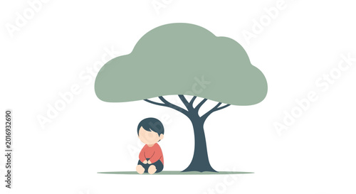Obraz na płótnie Boy sitting under a tree alone.