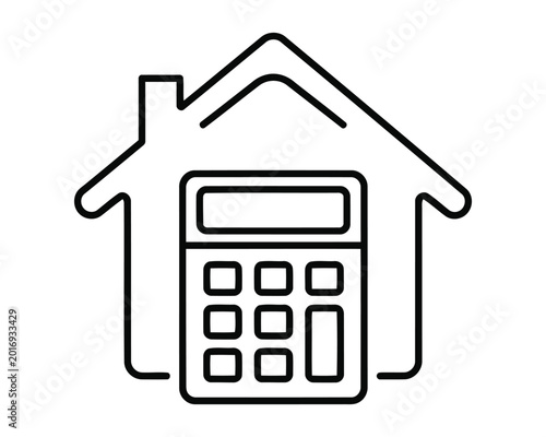 A simple line drawing of a house with a calculator inside it for mortgage or property calculation