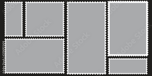 Collection of gray postage stamp templates on black background