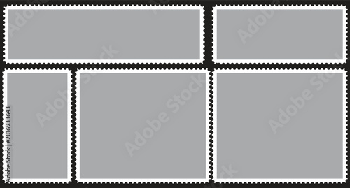 A sheet of six gray postage stamps with perforated edges and white borders