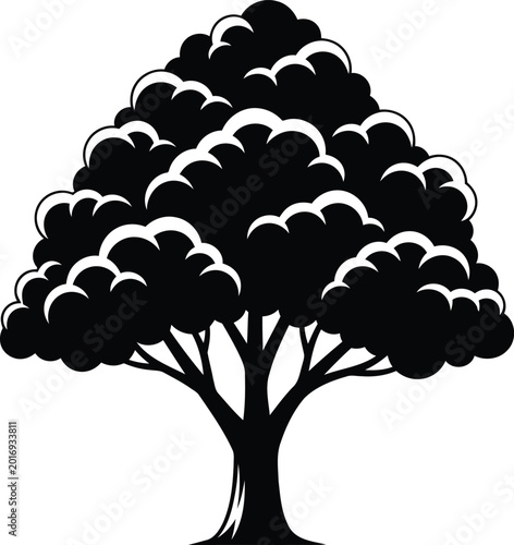 Black silhouette of a tree with a large canopy isolated on white background