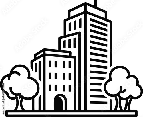 A black line drawing of a cityscape with buildings and trees isolated on white background